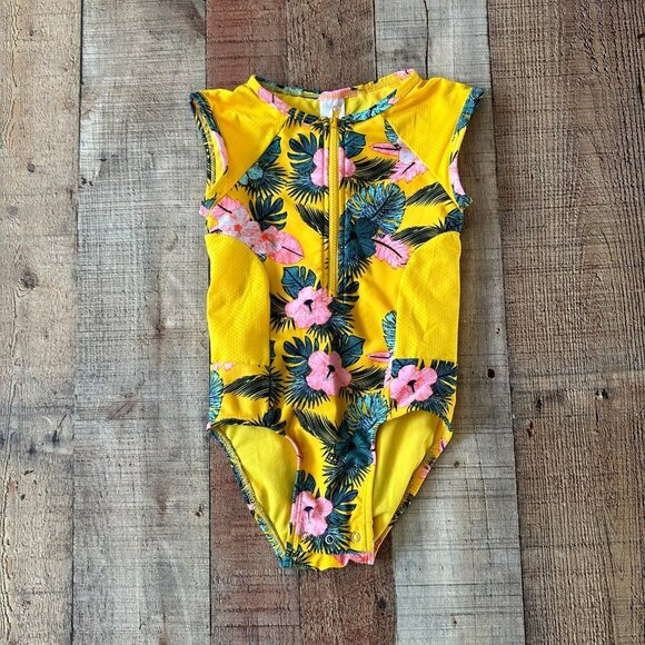 Cat and Jack 4T Girls Yellow Floral One Piece Swimsuit Front Zipper Bottom Snaps - Picture 1 of 9